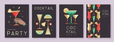 Kokteyl ve şampanya bardaklı tatil kokteyli posterleri. Restoran menüsü tasarımı. Vektör illüstrasyonu