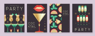 Kokteyl ve şampanya bardaklı tatil kokteyli posterleri. Restoran menüsü tasarımı. Vektör illüstrasyonu