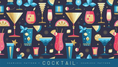 Kokteyller, meyveler ve şampanya bardaklarıyla kusursuz bir tatil. Restoran menüsü tasarımı. Kokteyl geçmişi. Vektör illüstrasyonu