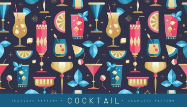 Kokteyller, meyveler ve şampanya bardaklarıyla kusursuz bir tatil. Restoran menüsü tasarımı. Kokteyl geçmişi. Vektör illüstrasyonu