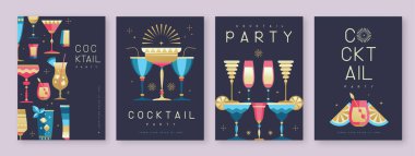Kokteyl ve şampanya bardaklı tatil kokteyli posterleri. Restoran menüsü tasarımı. Vektör illüstrasyonu