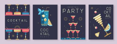 Kokteyl ve şampanya bardaklı tatil kokteyli posterleri. Restoran menüsü tasarımı. Vektör illüstrasyonu