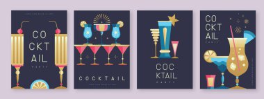 Kokteyl ve şampanya bardaklı tatil kokteyli posterleri. Restoran menüsü tasarımı. Vektör illüstrasyonu