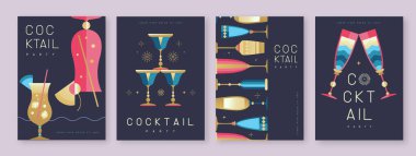 Kokteyl ve şampanya bardaklı tatil kokteyli posterleri. Restoran menüsü tasarımı. Vektör illüstrasyonu