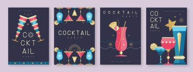 Kokteyl ve şampanya bardaklı tatil kokteyli posterleri. Restoran menüsü tasarımı. Vektör illüstrasyonu