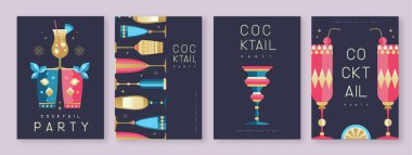 Kokteyl ve şampanya bardaklı tatil kokteyli posterleri. Restoran menüsü tasarımı. Vektör illüstrasyonu