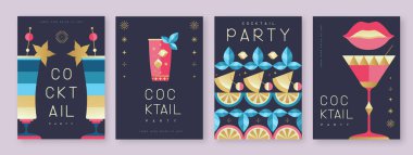 Kokteyl ve şampanya bardaklı tatil kokteyli posterleri. Restoran menüsü tasarımı. Vektör illüstrasyonu