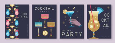 Kokteyl ve şampanya bardaklı tatil kokteyli posterleri. Restoran menüsü tasarımı. Vektör illüstrasyonu
