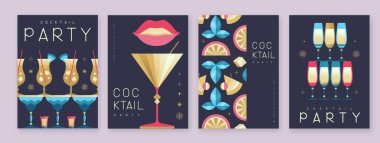 Kokteyl ve şampanya bardaklı tatil kokteyli posterleri. Restoran menüsü tasarımı. Vektör illüstrasyonu
