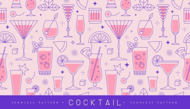 Kokteyller, meyveler ve şampanya bardaklarıyla kusursuz bir tatil çizgisi. Restoran menüsü tasarımı. Kokteyl geçmişi. Vektör illüstrasyonu