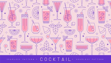 Kokteyller, meyveler ve şampanya bardaklarıyla kusursuz bir tatil çizgisi. Restoran menüsü tasarımı. Kokteyl geçmişi. Vektör illüstrasyonu