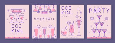 Kokteyl ve şampanya bardaklarıyla birlikte bir dizi sanat bayramı kokteyli afişi. Restoran menüsü tasarımı. Vektör illüstrasyonu