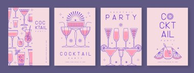 Kokteyl ve şampanya bardaklarıyla birlikte bir dizi sanat bayramı kokteyli afişi. Restoran menüsü tasarımı. Vektör illüstrasyonu