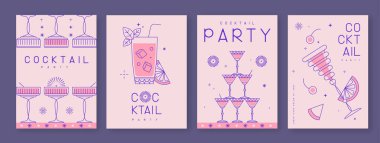 Kokteyl ve şampanya bardaklarıyla birlikte bir dizi sanat bayramı kokteyli afişi. Restoran menüsü tasarımı. Vektör illüstrasyonu