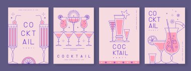 Kokteyl ve şampanya bardaklarıyla birlikte bir dizi sanat bayramı kokteyli afişi. Restoran menüsü tasarımı. Vektör illüstrasyonu