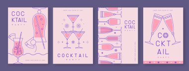 Kokteyl ve şampanya bardaklarıyla birlikte bir dizi sanat bayramı kokteyli afişi. Restoran menüsü tasarımı. Vektör illüstrasyonu