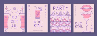 Kokteyl ve şampanya bardaklarıyla birlikte bir dizi sanat bayramı kokteyli afişi. Restoran menüsü tasarımı. Vektör illüstrasyonu