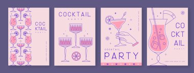 Kokteyl ve şampanya bardaklarıyla birlikte bir dizi sanat bayramı kokteyli afişi. Restoran menüsü tasarımı. Vektör illüstrasyonu