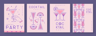 Kokteyl ve şampanya bardaklarıyla birlikte bir dizi sanat bayramı kokteyli afişi. Restoran menüsü tasarımı. Vektör illüstrasyonu