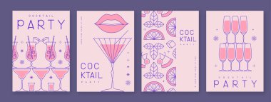 Kokteyl ve şampanya bardaklarıyla birlikte bir dizi sanat bayramı kokteyli afişi. Restoran menüsü tasarımı. Vektör illüstrasyonu