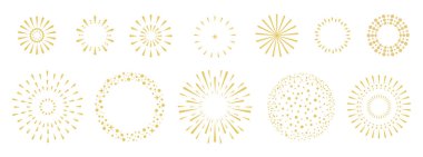 Beyaz arka planda izole edilmiş bir havai fişek seti. Bağımsızlık Günü ya da yeni yıl kutlaması. Geleneksel festival veya etkinlik. Vektör illüstrasyonu