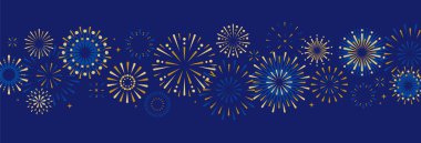 Mavi arka planda izole edilmiş bir havai fişek seti. Bağımsızlık Günü ya da yeni yıl kutlaması. Geleneksel festival veya etkinlik. Vektör illüstrasyonu