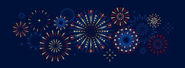 Koyu mavi arka planda izole edilmiş renkli bir havai fişek patlaması seti. Amerika 'nın Bağımsızlık Günü. Vektör illüstrasyonu