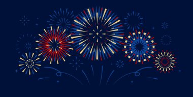 Koyu mavi arka planda izole edilmiş renkli bir havai fişek patlaması seti. Amerika 'nın Bağımsızlık Günü. Vektör illüstrasyonu