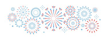 Beyaz arka planda izole edilmiş renkli bir havai fişek seti. Amerika 'nın Bağımsızlık Günü. Vektör illüstrasyonu