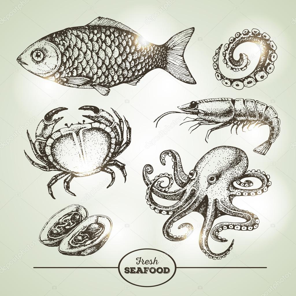 Hand drawing sketch set of seafood. Vector illustration