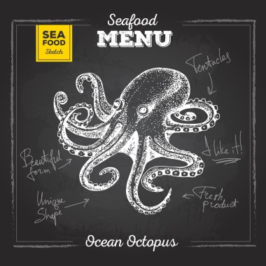 Tebeşir deniz ürünleri kümesi kroki çizim. Ocopus illüstrasyon