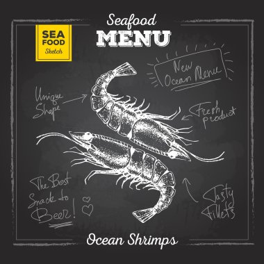 Tebeşir deniz ürünleri kümesi kroki çizim. Karides illüstrasyon