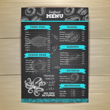 Vintage tebeşir çizim deniz ürünleri menü tasarımı.