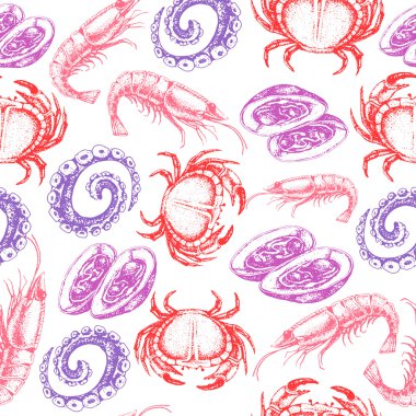 Elle çizilmiş kroki deniz ürünleri seamless modeli.