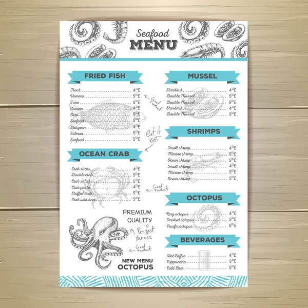 Design de menu de fruits de mer vintage . — Image vectorielle