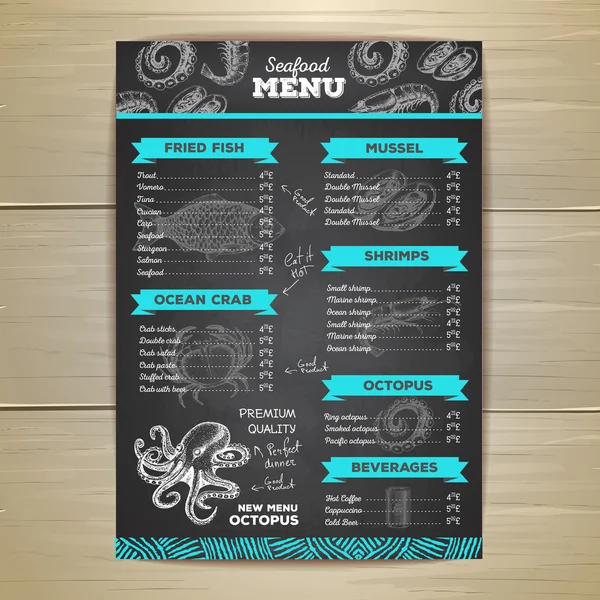 Vintage chalk drawing seafood menu design. — Stock Vector