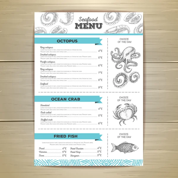 Vintage seafood menu design. — Stock Vector