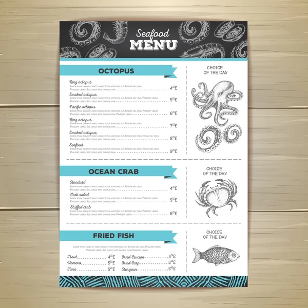 Vintage chalk drawing seafood menu design. — Stock Vector