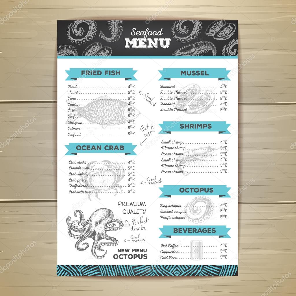 Vintage chalk drawing seafood menu design.