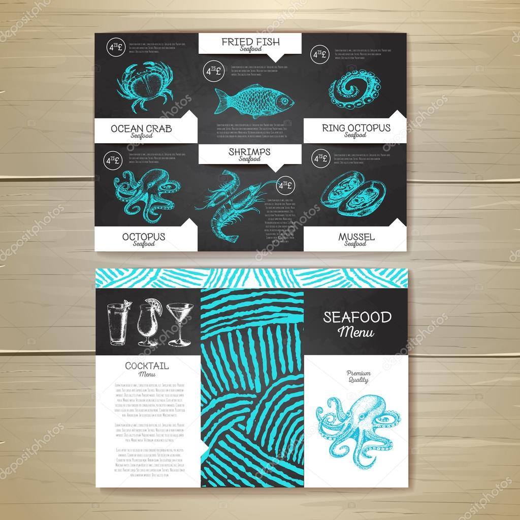 Vintage chalk drawing seafood menu design. Corporate identity