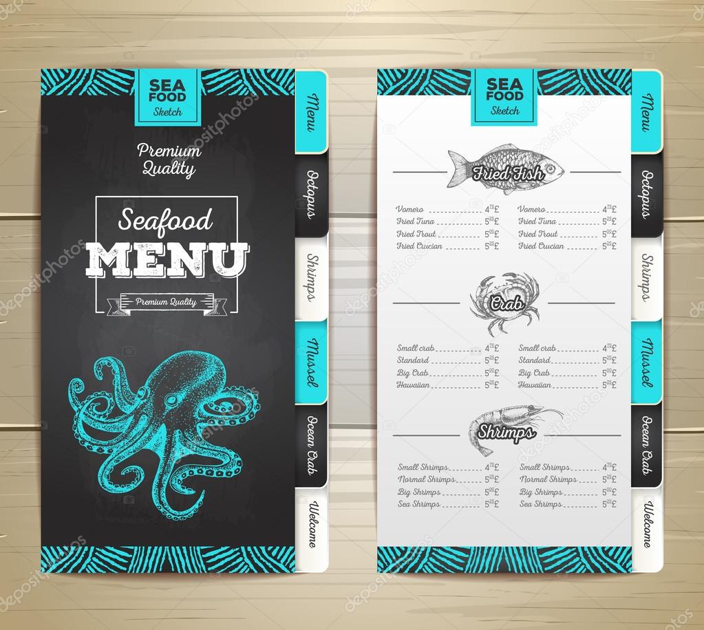 Vintage chalk drawing seafood menu design. Corporate identity