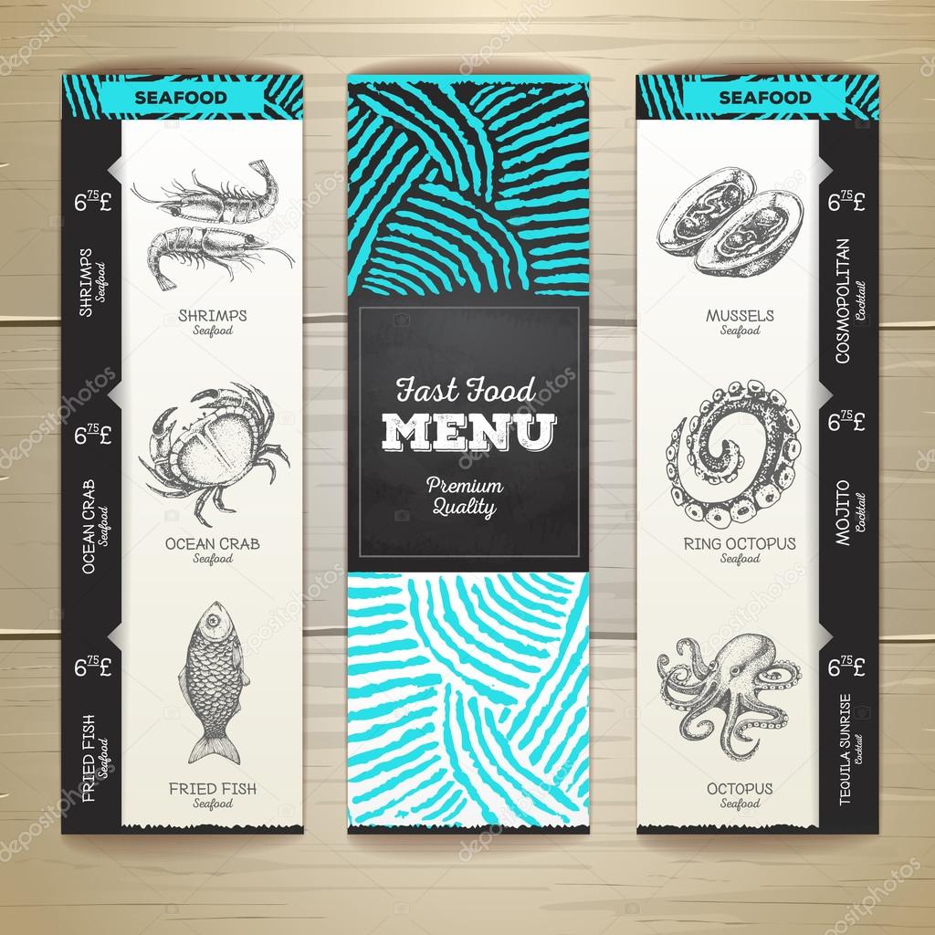 Vintage chalk drawing seafood menu design.