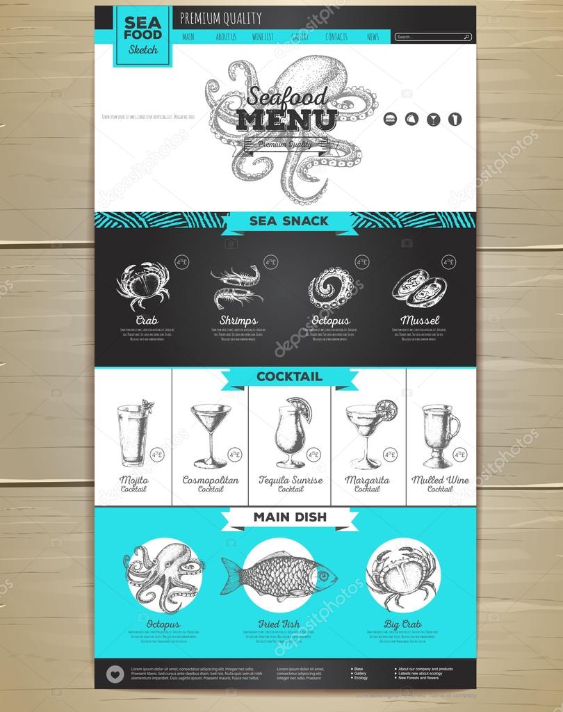 Seafood menu concept Web site design. Corporate identity.