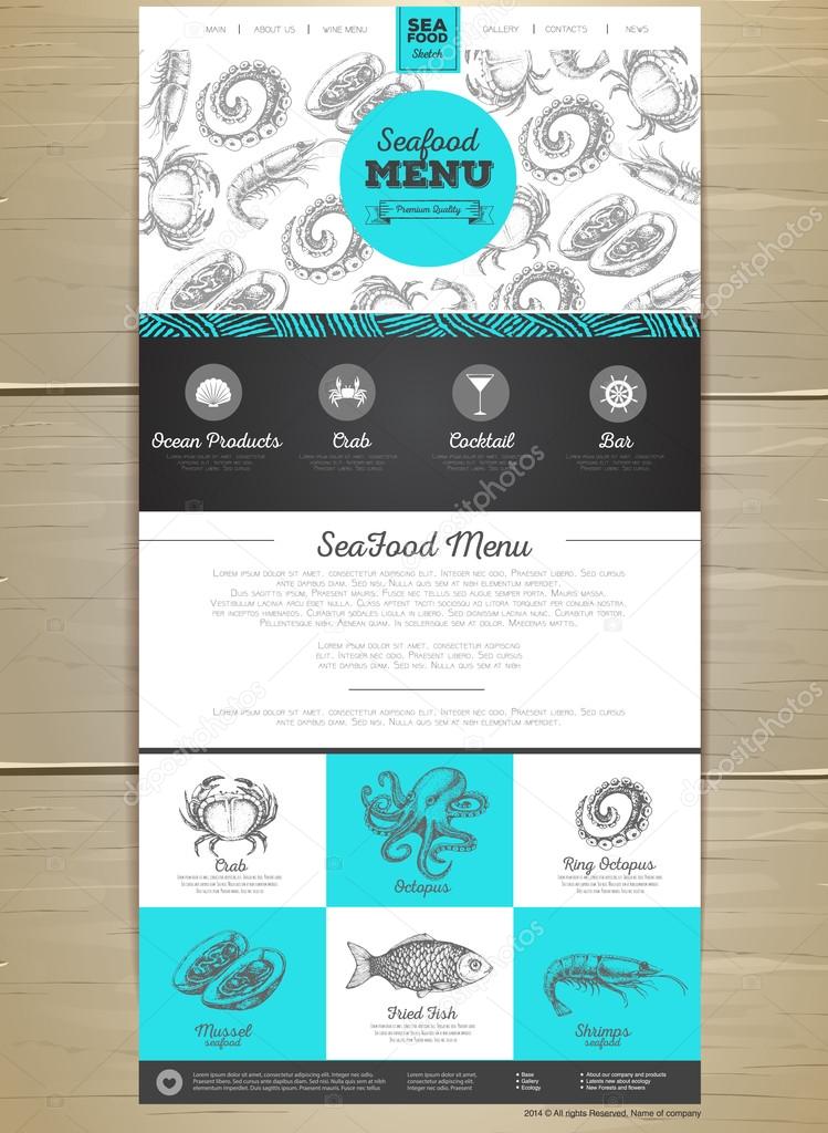 Seafood menu concept Web site design. Corporate identity.