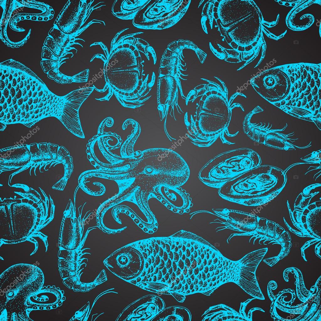 Hand drawn sketch seafood seamless pattern.