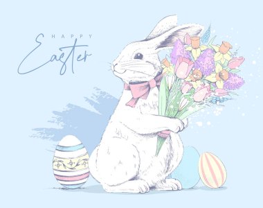 Mutlu Paskalya posterleri ya da tavşanlı tebrik kartları, bir buket bahar çiçeği ve renkli yumurtalar. Vektör illüstrasyonu