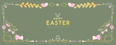 Mutlu Paskalya Sanatsal posterleri ya da tavşanlı tebrik kartları, çiçekli dekoratif öğeler ve yeşil arka planda Paskalya yumurtaları. Paskalya çerçevesi. Vektör illüstrasyonu