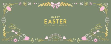 Mutlu Paskalya Sanatsal posterleri ya da tavşanlı tebrik kartları, çiçekli dekoratif öğeler ve yeşil arka planda Paskalya yumurtaları. Paskalya çerçevesi. Vektör illüstrasyonu