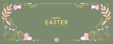 Mutlu Paskalya Sanatsal posterleri ya da tavşanlı tebrik kartları, çiçekli dekoratif öğeler ve yeşil arka planda Paskalya yumurtaları. Paskalya çerçevesi. Vektör illüstrasyonu