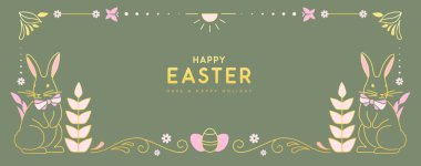 Mutlu Paskalya posterleri ya da tavşanlı tebrik kartları, çiçekli dekoratif öğeler ve yeşil arka planda Paskalya yumurtaları. Paskalya çerçevesi. Vektör illüstrasyonu